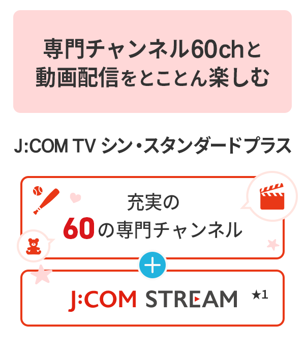 専門チャンネル60chと動画配信をとことん楽しむ J:COM TV シン・スタンダードプラス 充実の60の専門チャンネル J:COM STREAM