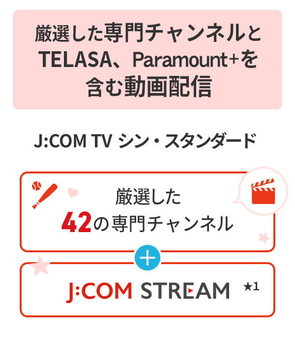 厳選した専門チャンネルとTELASA、Paramount+を含む動画配信 J:COM TV シン・スタンダード 厳選した42の専門チャンネル J:COM STREAM★1